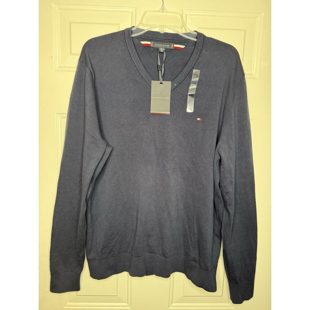 Tommy Hilfiger Sweater Navy Blue Men’s XXL Essential Solid Logo V-Neck Shirt NWT